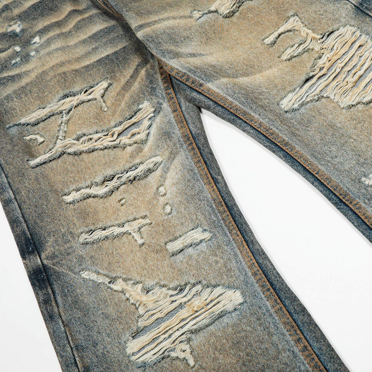 Dirty Dye Washed Ripped Denim Straight Leg Personalized Wide Leg Pants