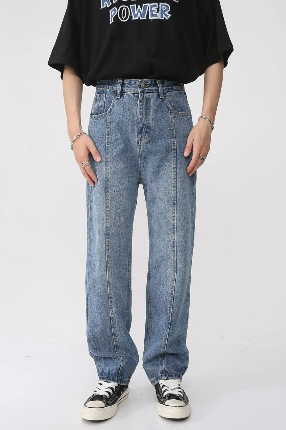 Men's Washed Splicing Straight Leg Jeans - Premium Japanese Denim