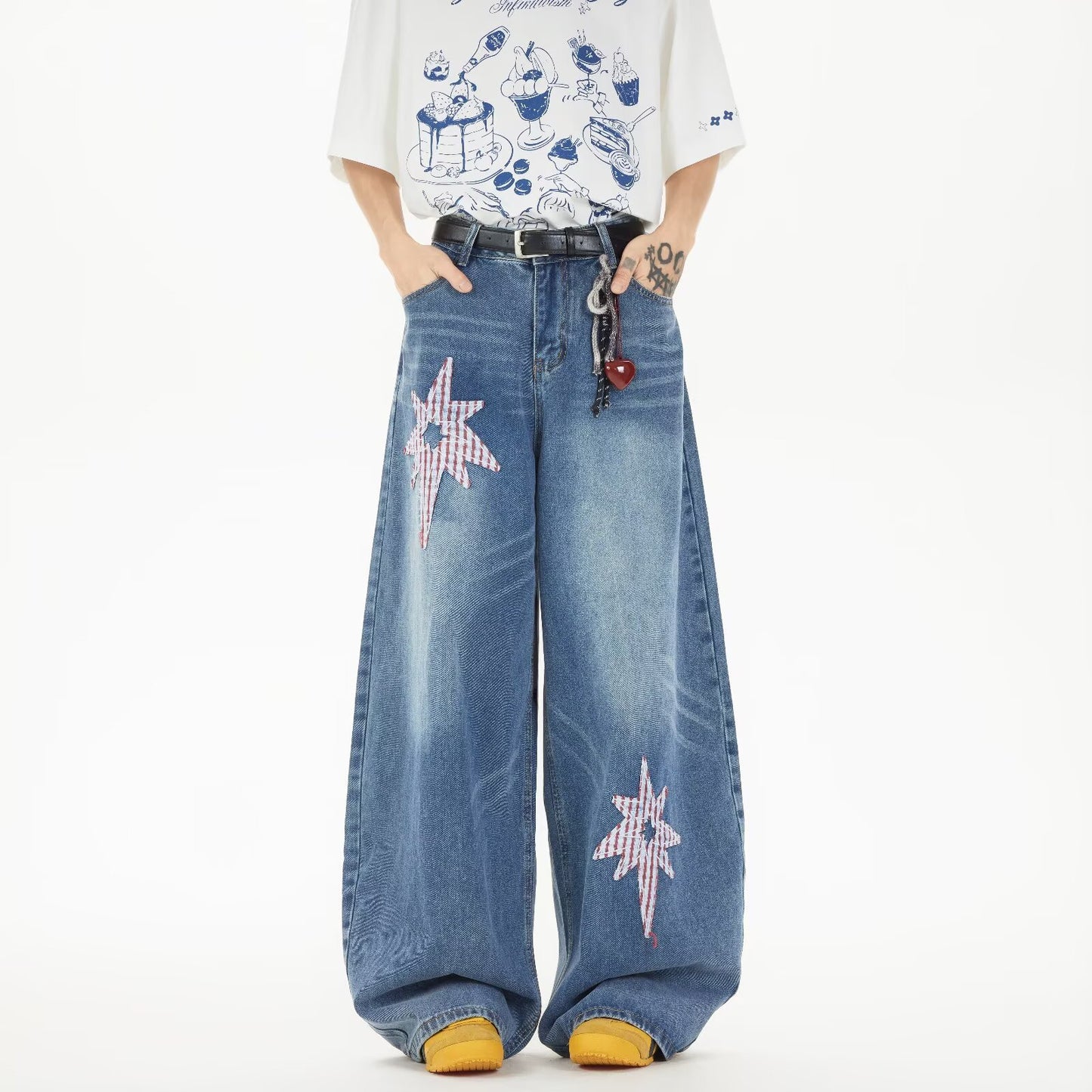 Retro Star Patch Embroidered Denim Wide Legged Casual Pants