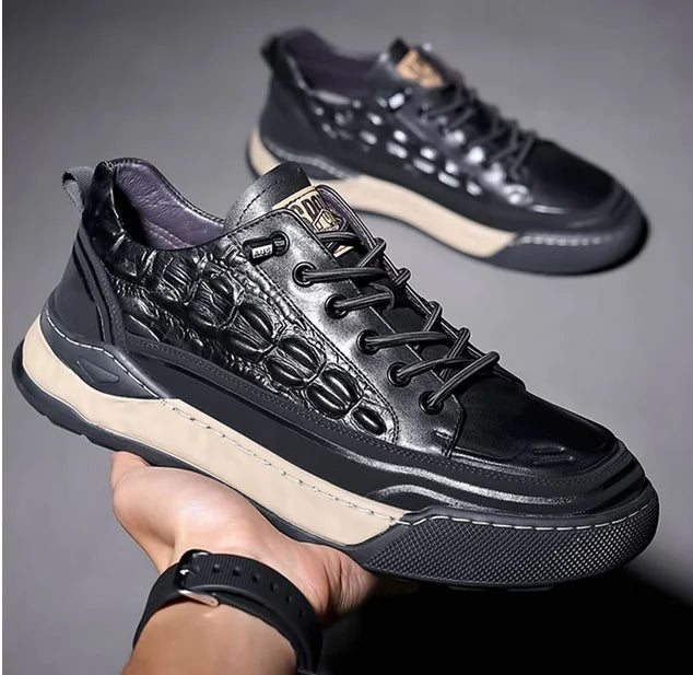 Men's Lace-Up Real Leather Sports Sneakers - Genuine Leather Casual Shoes