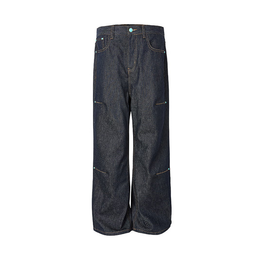 Deep Blue Straight Flared Wide Leg Denim Trousers