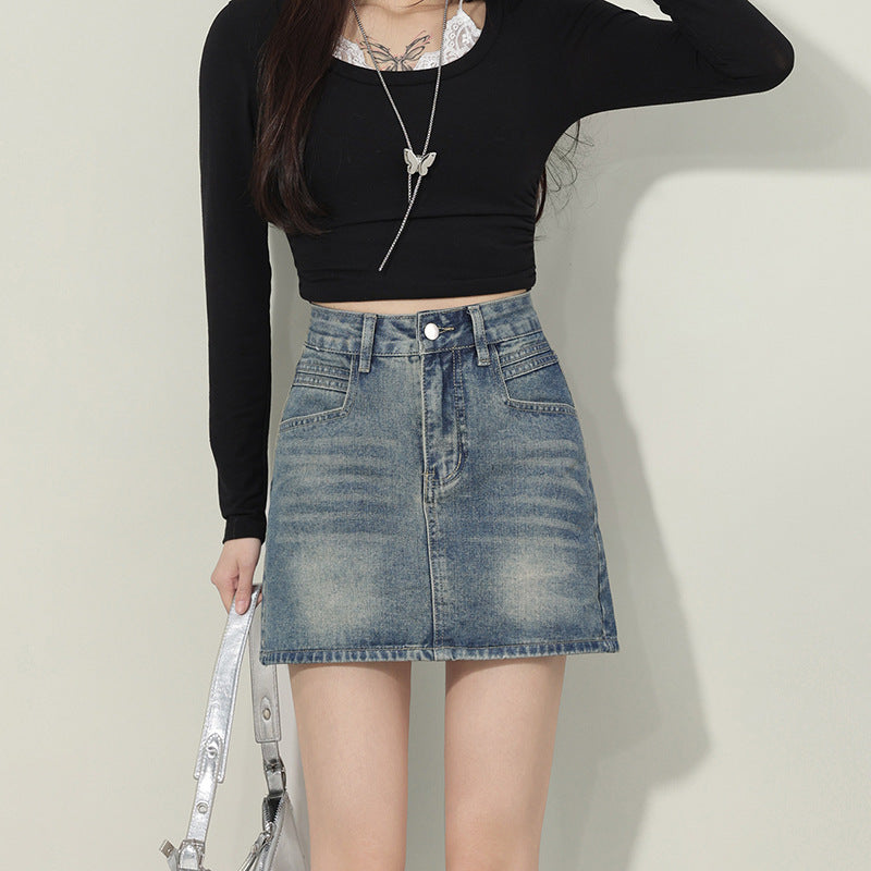 Lazy Style Unique Denim A-Line Skirt for Women – High Waist Slimming Short Skirt