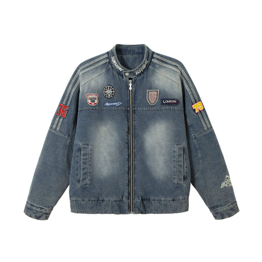Men's Distressed Badge Denim Cotton Motorcycle Jacket, Stylish and Warm Outerwear