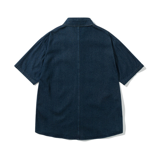 Vintage Washed Casual Denim Shirt for Men with Short Sleeves