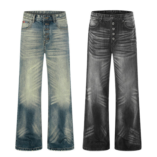 Washed Gradient Denim Pants — Mid Rise Straight Leg Jeans
