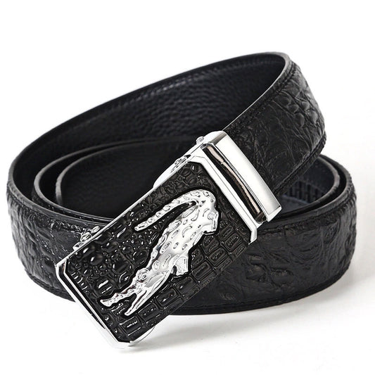 Men's Genuine Leather Belt with Automatic Buckle - Cowhide and Crocodile Pattern