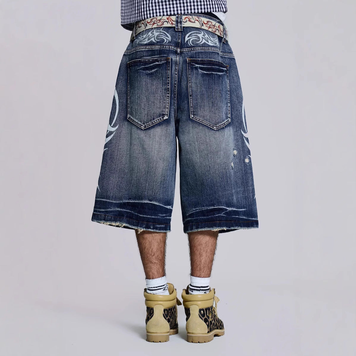 High Street Denim Shorts - Jaded Same Style Totem Print Ripped Wide Leg Pants