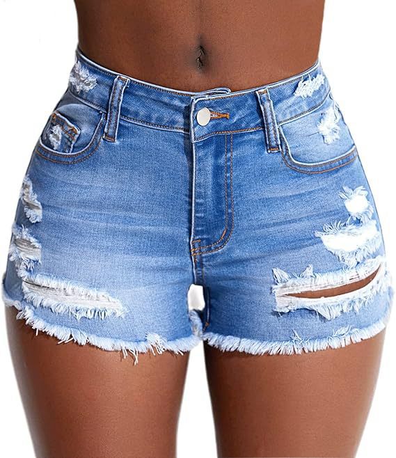 Hole-Trimmed High-Waisted Skinny Denim Shorts for Women - Fashionable Denim Pants