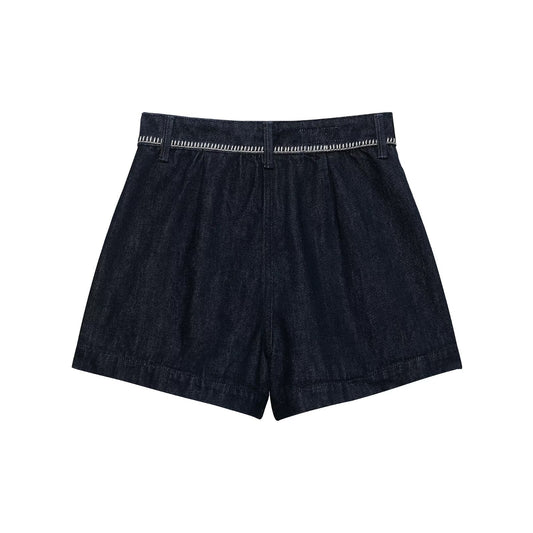 Embroidered Denim Shorts with Bright Thread for Women