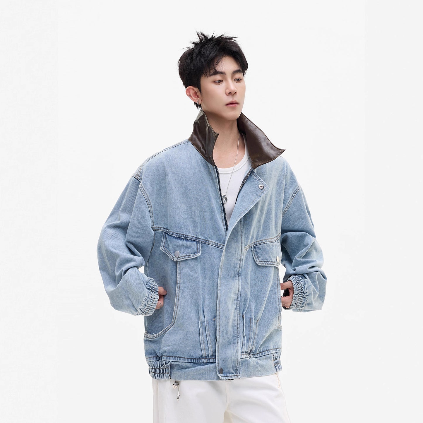 Washed Distressed Patchwork Leather Collar Denim Jacket Men