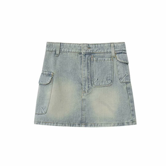 Vintage Short Denim Skirt with Pocket Decoration for Women