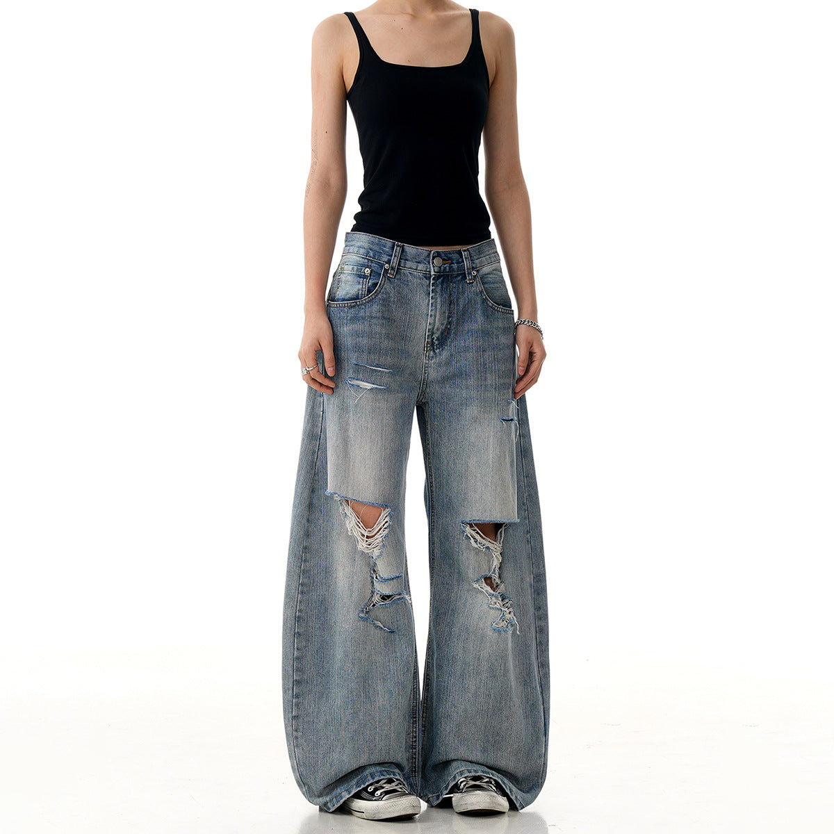 Vintage Ripped Denim Straight Leg Casual Knife Pants