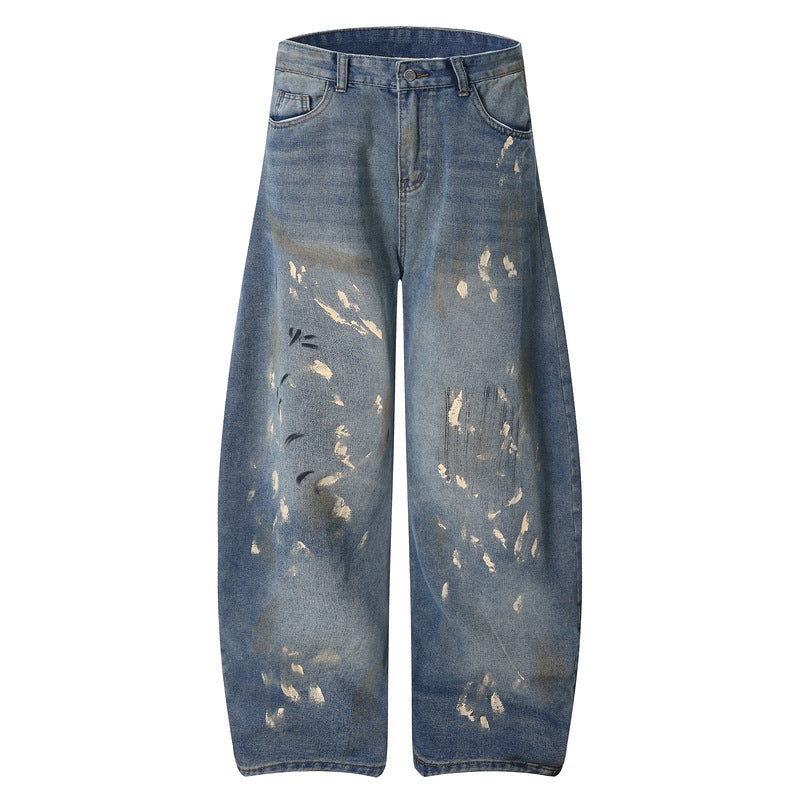 Distressed Splatter Paint Tapered Denim Pants - Wide Leg Floor Length