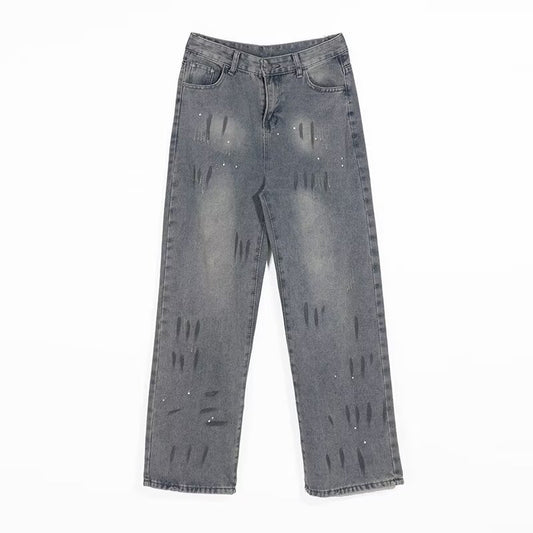Washed and Distressed Splashed Ink Denim Jeans for Men