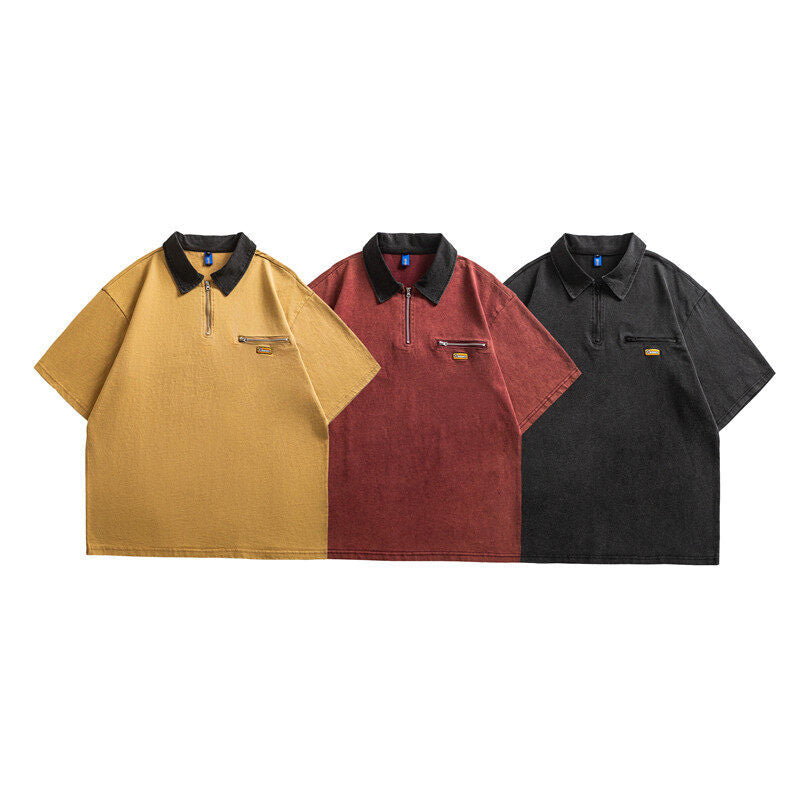 Loose Half Zipper Short Sleeved Polo Shirt