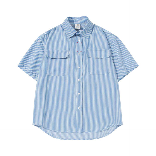 Minimally Striped Denim Embroidered Short Sleeved Shirt for Men