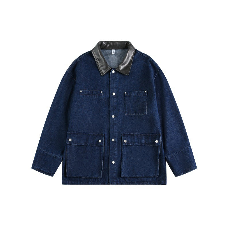 Mid-Length Color Block Denim Jacket with Pockets