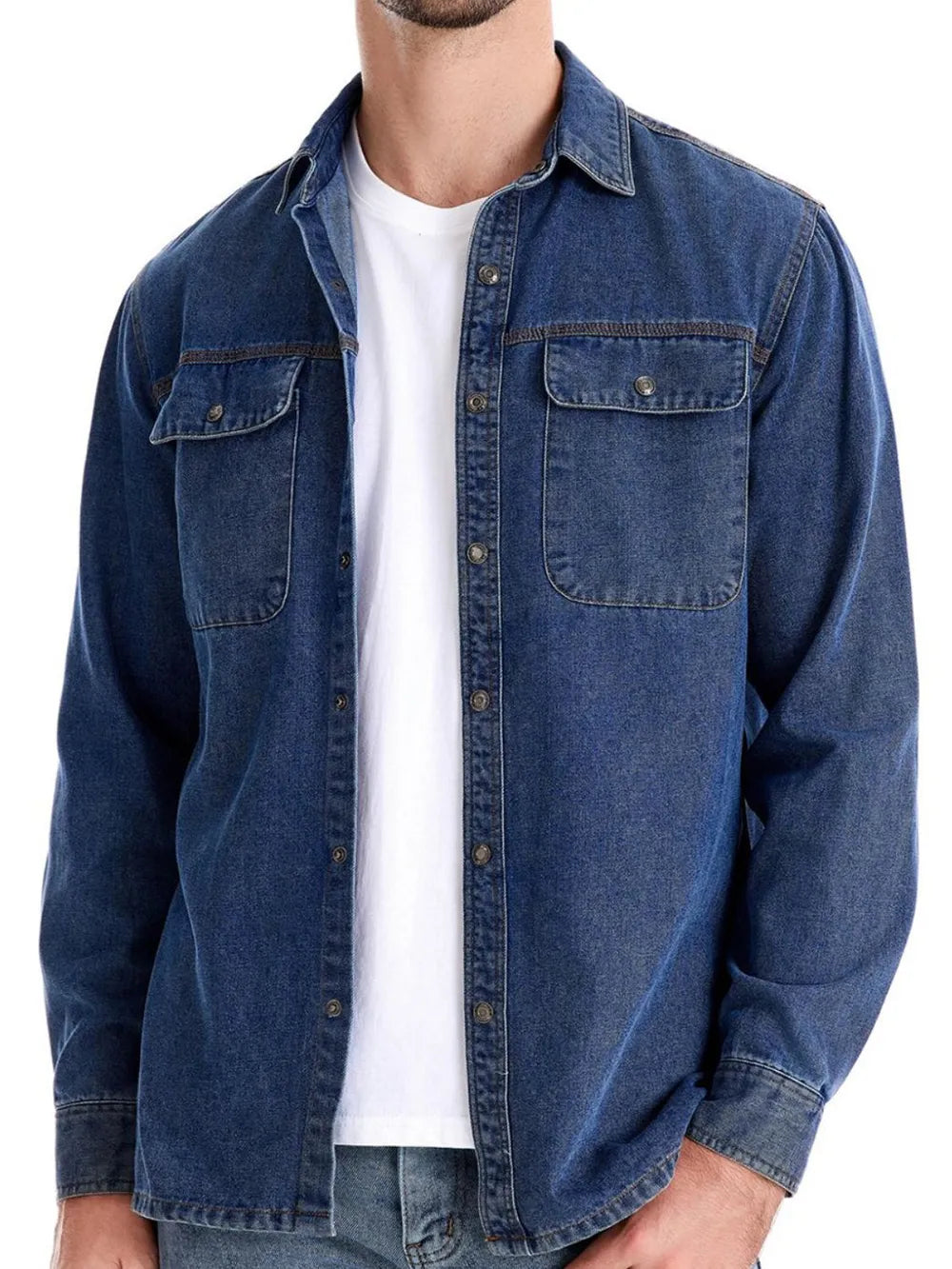 Men's Collared Neck Denim Shirt with Chest Pockets