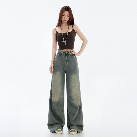 Blue Wide Leg Jeans with Deconstructed Design - Women's Straight Leg Denim Pants
