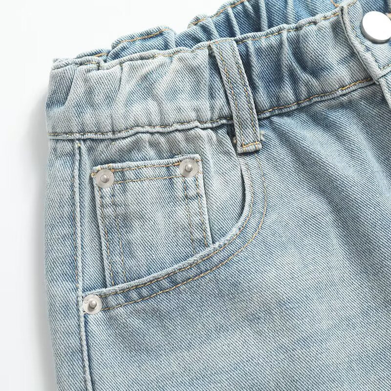 Elastic Waist Frayed Edge Loose Denim Straight Leg Shorts for Women