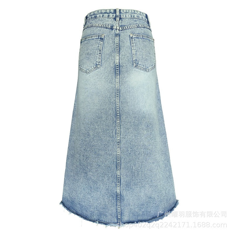 Women's Vintage A-Line Denim Skirt - Retro High Waist Mid-Length Dress in Blue