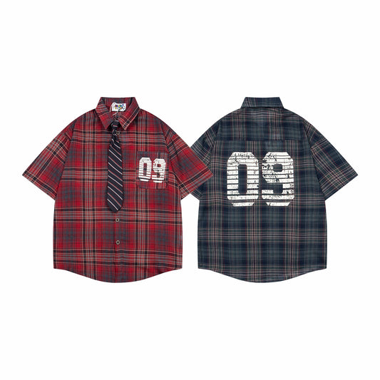 College Style Plaid Short Sleeve Shirt with Tie