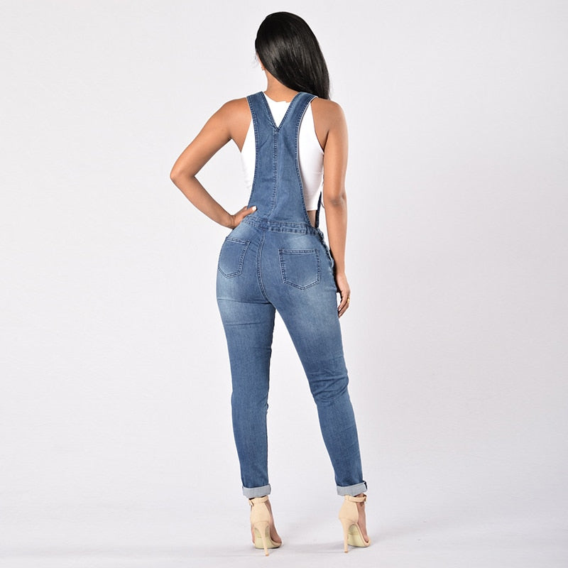 Women's Cool Denim Jumpsuit with Ripped Holes