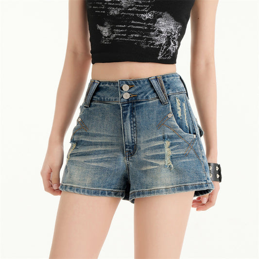 High-Waisted Distressed Denim Shorts for Women - Elastic Slimming Hot Pants