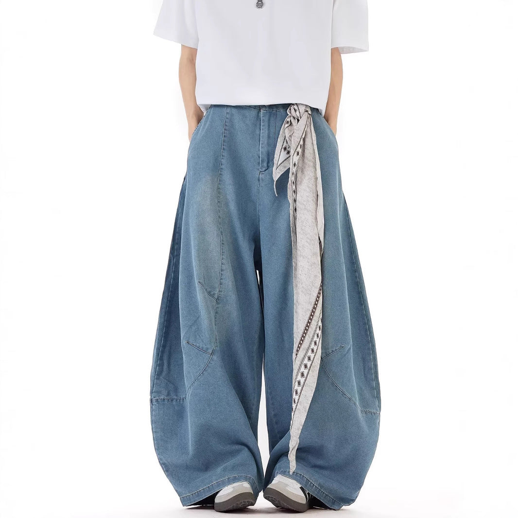 Square Scarf Deconstruction Silhouette Curved Knife Denim Wide Leg Pants