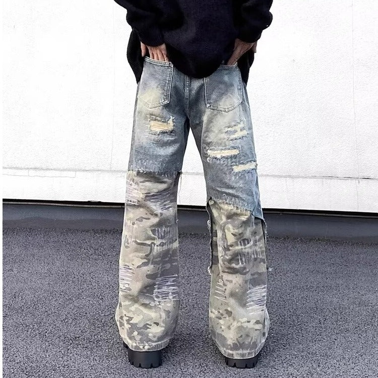 Retro Camouflage Fashion Destructive Micro Lacquer Work Clothes Jeans