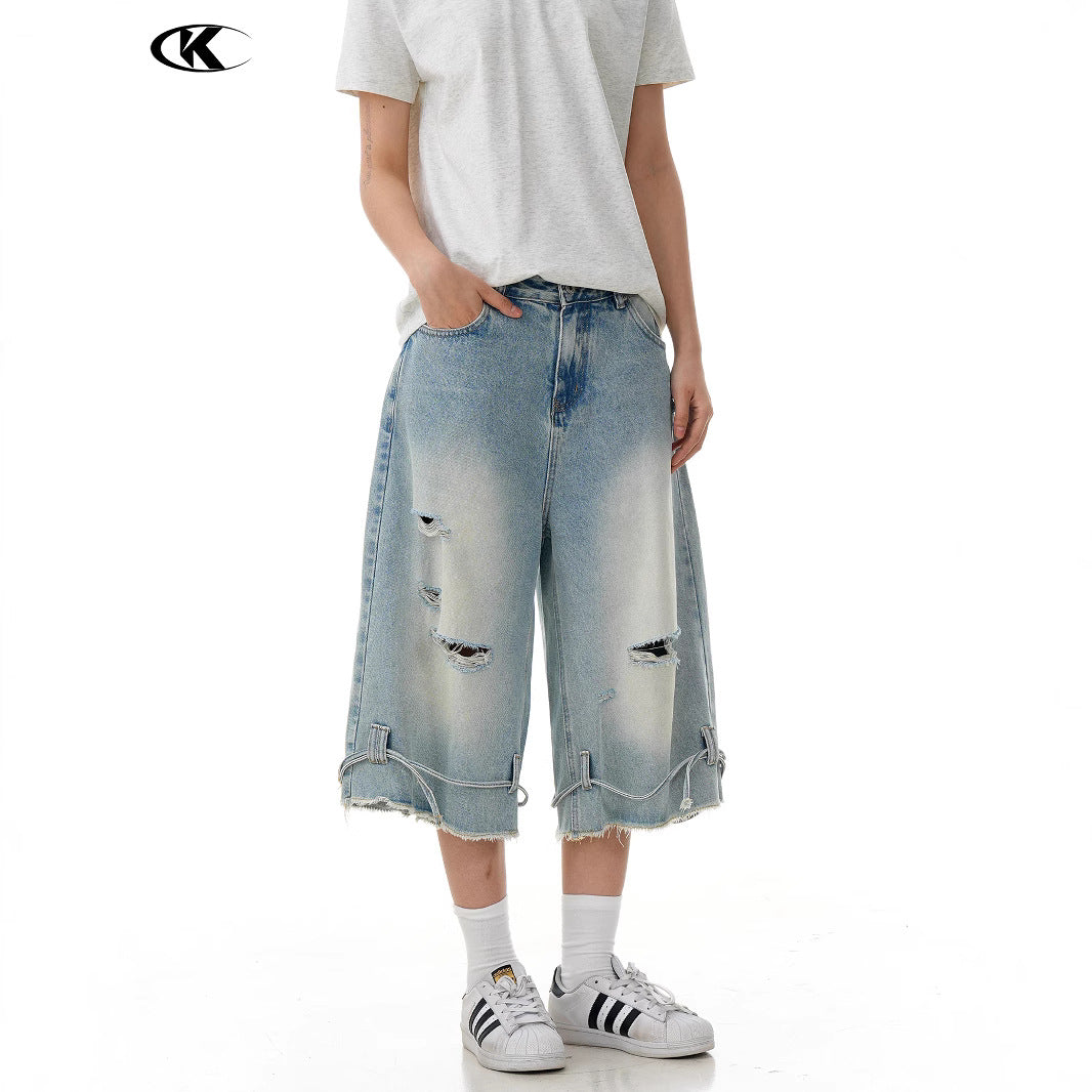 Washed Distressed Denim Shorts with Loose Wide Legs and Drawstring
