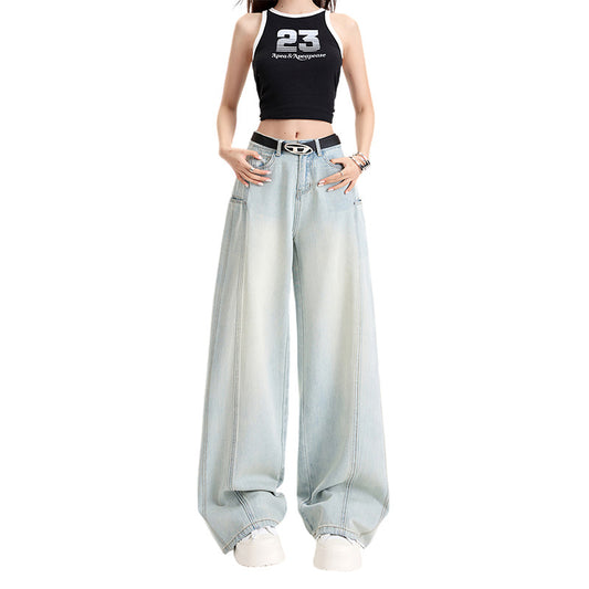 Light Color Tencel Wide-Leg Jeans for Women - High Waist Loose Straight Leg Patchwork Design