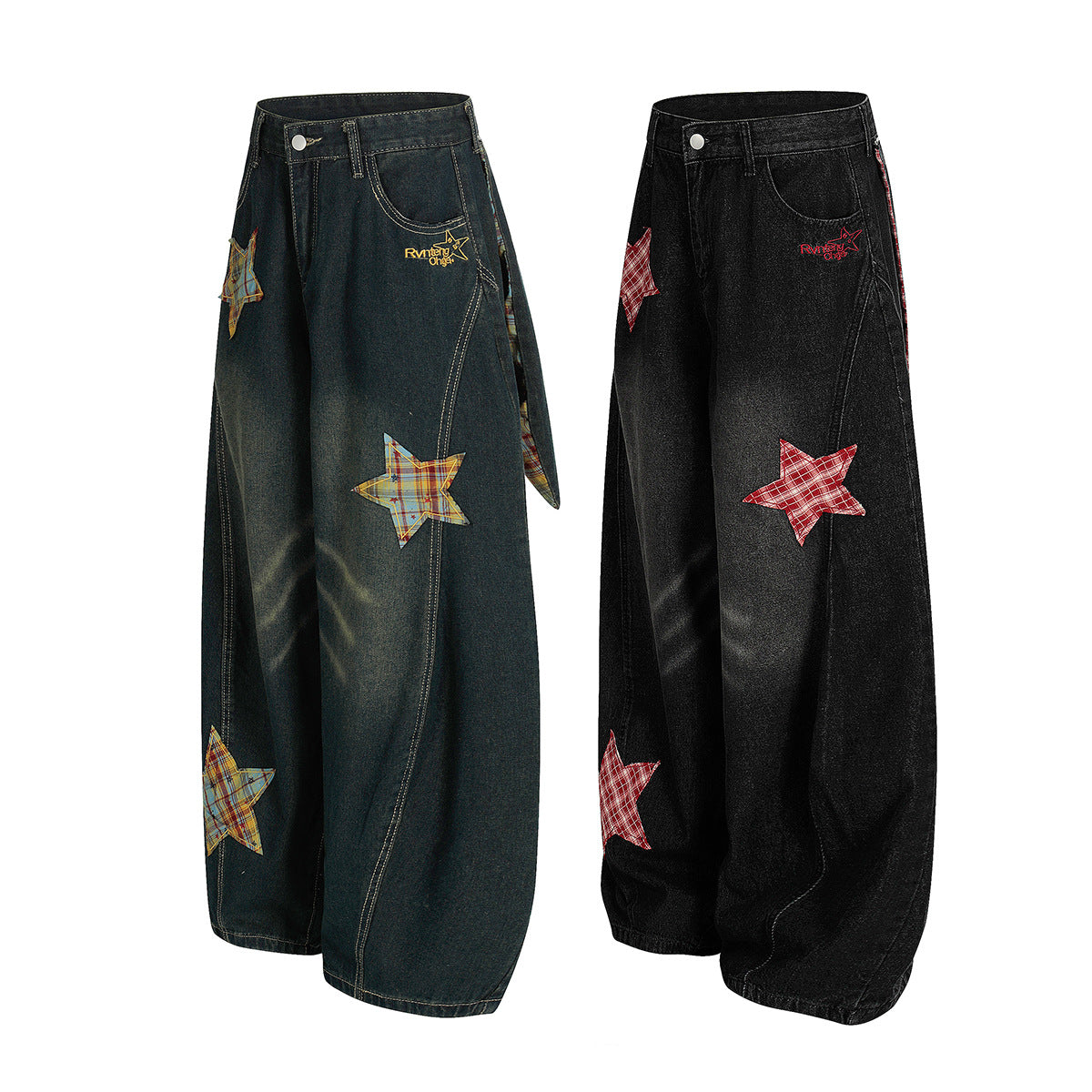 Retro Curved Knife Denim Wide Leg Pants with Star Embroidery