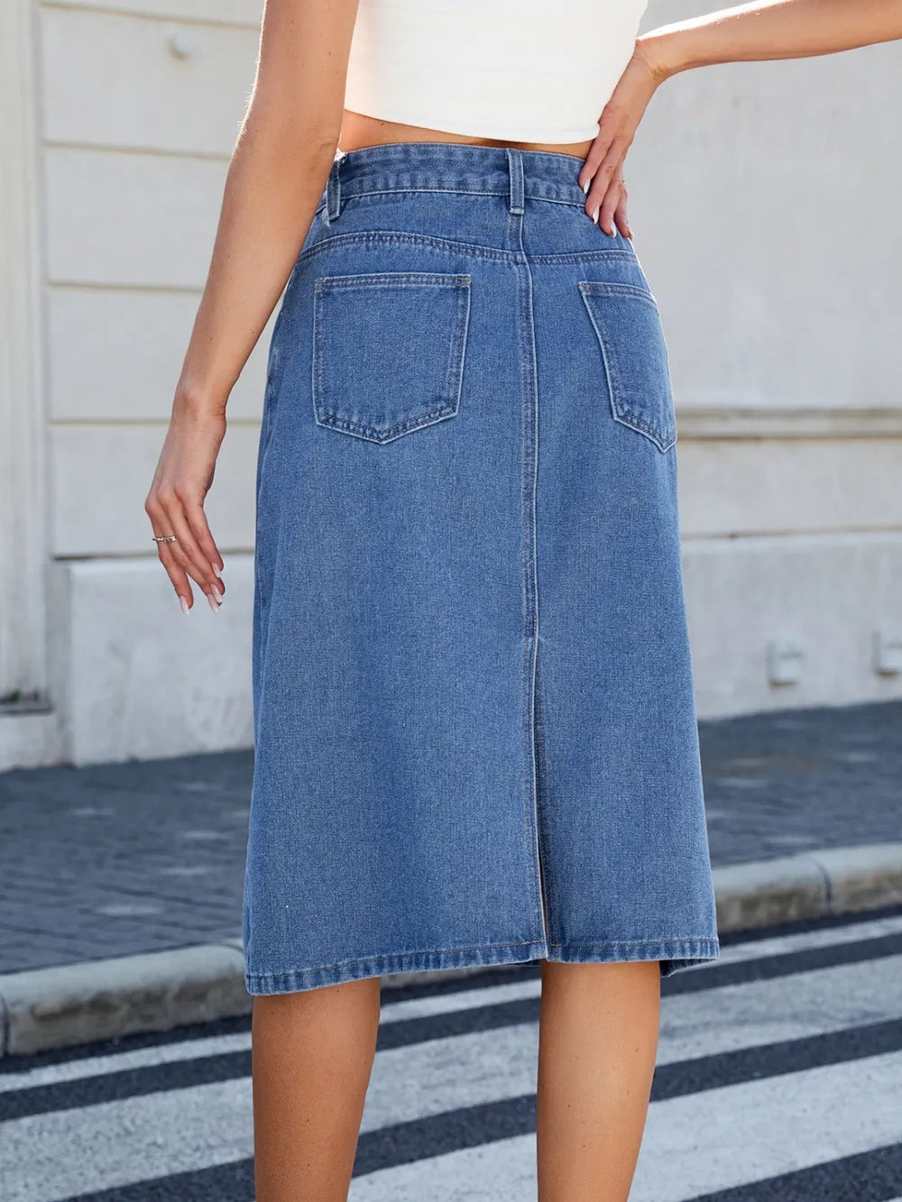 Luxury Japanese Denim Midi Skirt with Back Slit