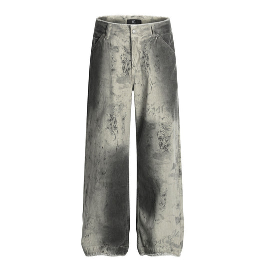 Street Washed Snake Pattern Denim Pants for Men
