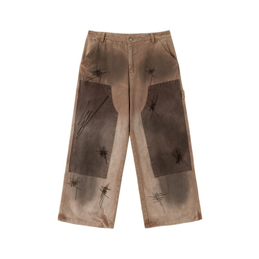 Scratched Patchwork Cold Transfer Printing Loose Straight Leg Jeans for Men