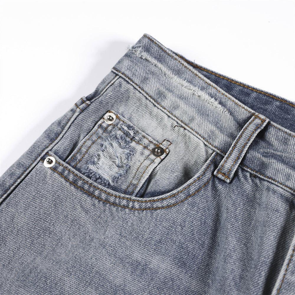 Men's Distressed Denim Shorts — Loose Fit Mid Waist Zipper Fly (Ripped Blue)