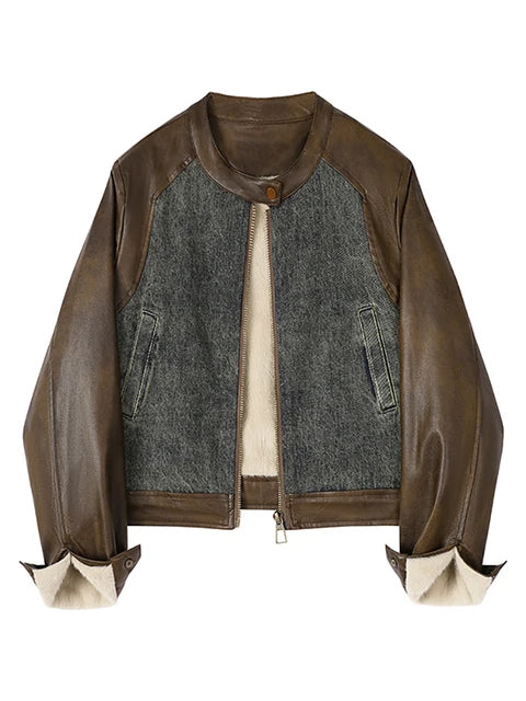 Women's Vintage Denim Biker Jacket with PU Leather Patchwork