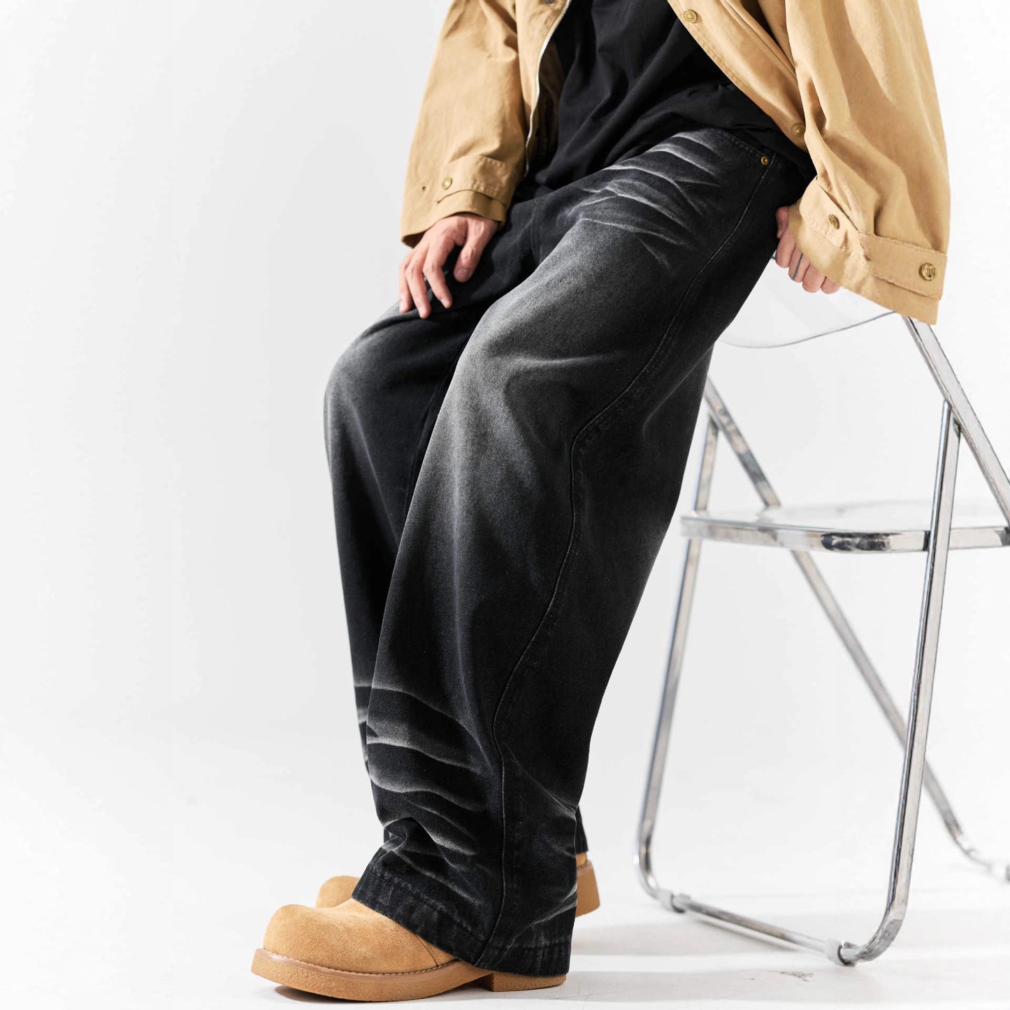 High-Street Wash Denim Long Pants with Unique Design