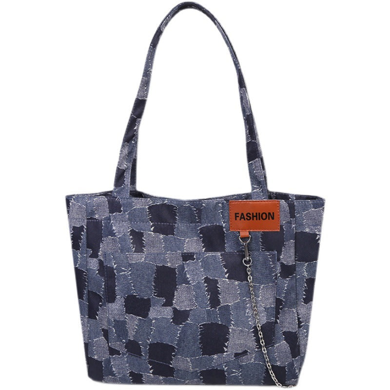 Women's One-Shoulder Denim Plaid Tote Bag