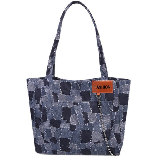 Women's One-Shoulder Denim Plaid Tote Bag