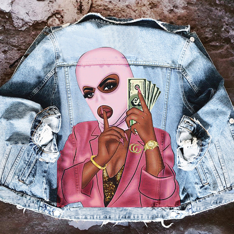 Women's  Denim Jacket with Get Money Woman Print