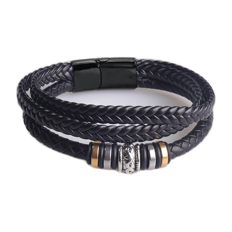 Men's Leather Bracelet with Stainless Steel Magnetic Clasp - I Love You Engraved Multi-layered Black Leather Cord Bracelet