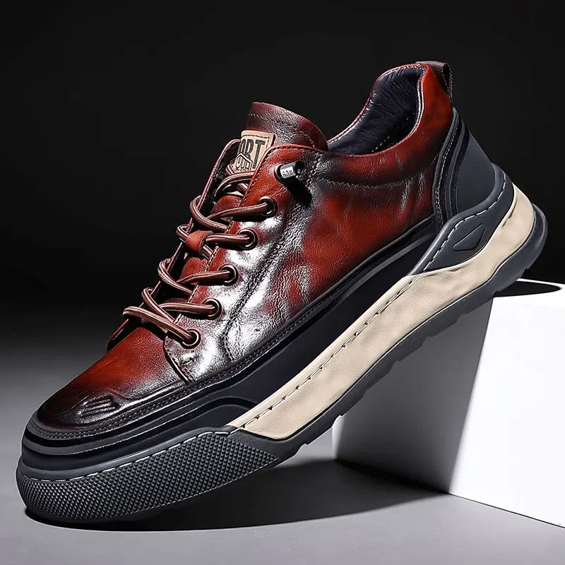 Men's Lace-Up Real Leather Sports Sneakers - Genuine Leather Casual Shoes