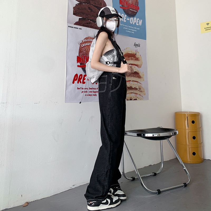 Women's Wide-Leg Strap Denim Overalls for Workwear