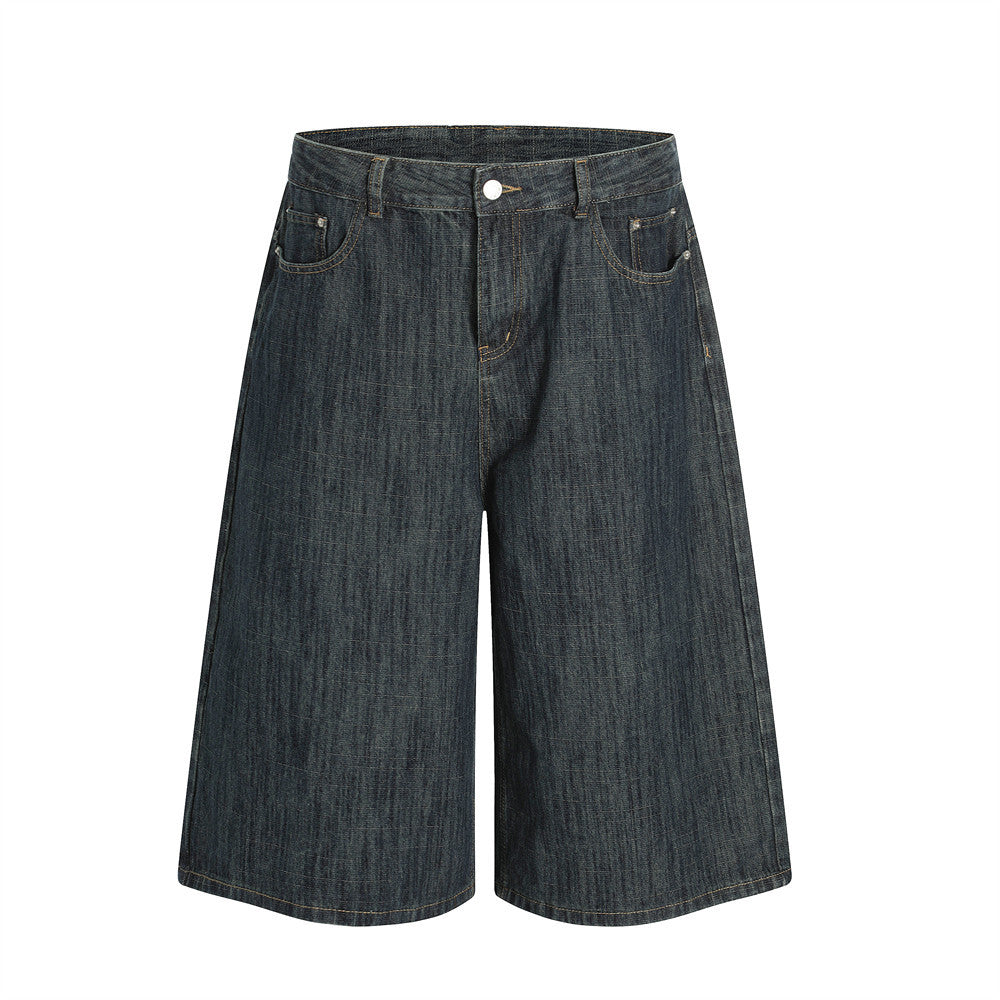 Men's Washed Denim Shorts - Versatile Mid-Length Loose Straight-Leg Design with Five-Pocket Style