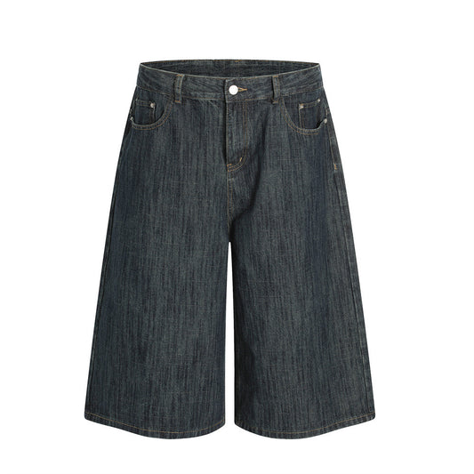 Men's Washed Denim Shorts - Versatile Mid-Length Loose Straight-Leg Design with Five-Pocket Style