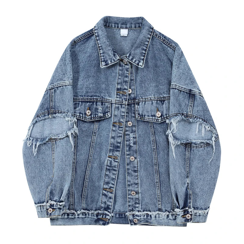 Women's Light Blue Denim Jacket with Frayed Details and Patchwork Design