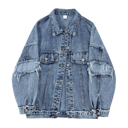 Women's Light Blue Denim Jacket with Frayed Details and Patchwork Design