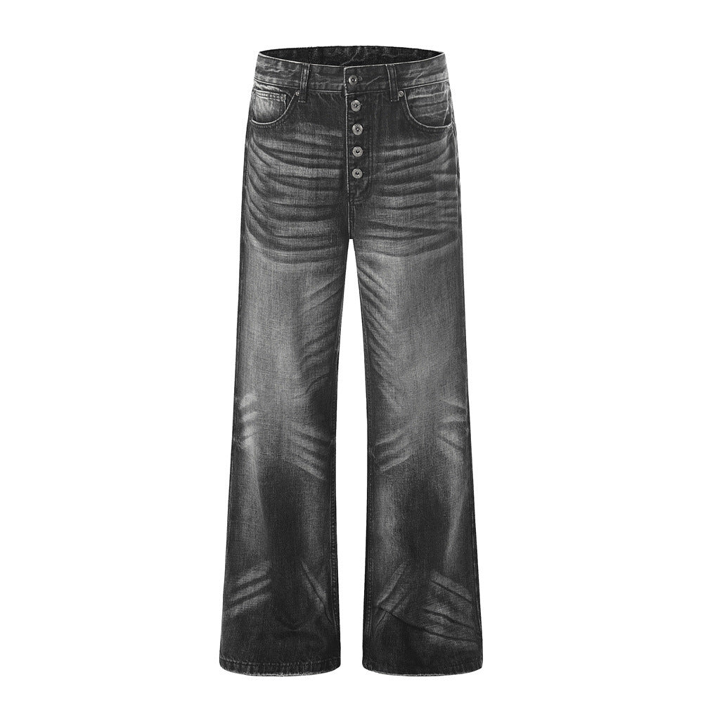 Washed Gradient Denim Pants — Mid Rise Straight Leg Jeans